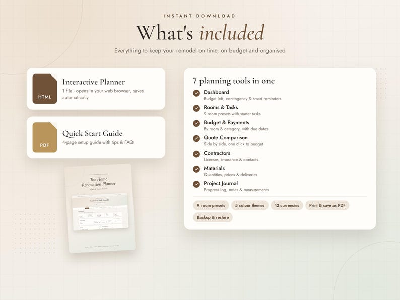 May include: A digital home renovation planner set featuring an interactive HTML planner, a PDF quick start guide, and a list of seven planning tools including a dashboard, rooms and tasks, budget and payments, quote comparison, contractors, materials, and a project journal.