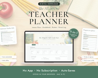 May include: A digital download teacher planner displayed on a laptop screen, featuring a dashboard with lesson plans, gradebook, rosters, and parent log. The interface shows Ms. Delgado's Fifth Grade Year, 9-in-1 planning tools, and progress tracking.