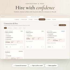 May include: A digital interface for a home renovation planner titled Contractors & Pros, featuring a dashboard with cards for Oakline Builders, Bright Electric, and Stonecraft Counters, displaying contact details, license numbers, and insurance status.