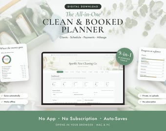 May include: A digital download titled The All-in-One CLEAN & BOOKED PLANNER for cleaning businesses. The interface displays a dashboard with business details, financial tracking, and progress charts. Features include 9-in-1 planning tools, auto-save, and offline functionality for Mac and PC.