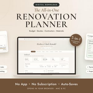 Puede incluir: Un planificador de renovación digital en una pantalla de portátil, con secciones para presupuestos, comparativa de presupuestos y detalles del proyecto. La interfaz incluye etiquetas de texto como The All-in-One RENOVATION PLANNER y 7-in-1.