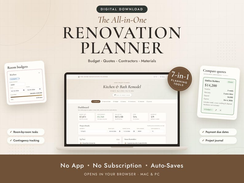 May include: A digital renovation planner displayed on a laptop screen, featuring sections for room budgets, quote comparisons, and project details. The interface includes text labels like The All-in-One RENOVATION PLANNER, 7-in-1 PLANNING TOOLS, and No App.