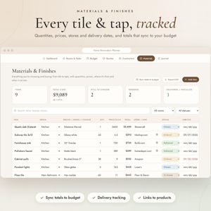 May include: A digital home renovation planner interface displaying a Materials & Finishes dashboard. The screen shows a table with columns for items, rooms, brands, quantities, prices, and delivery status, with a total cost of $9,089 listed.