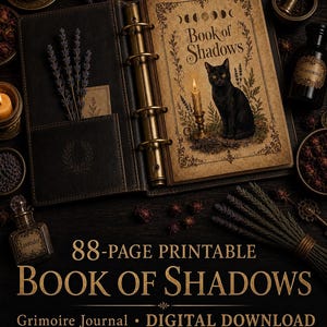 May include: An 88-page printable Book of Shadows grimoire journal digital download in US Letter, A4, and A5 sizes. The open binder features a black cat illustration, a candle, and moon phases. Text reads: 88-PAGE PRINTABLE BOOK OF SHADOWS.