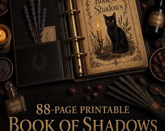 May include: An 88-page printable Book of Shadows grimoire journal digital download in US Letter, A4, and A5 sizes. The open binder features a black cat illustration, a candle, and moon phases. Text reads: 88-PAGE PRINTABLE BOOK OF SHADOWS.