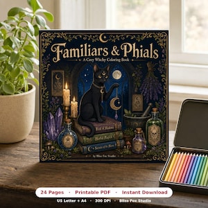 Livro de colorir de bruxas familiares, companheiros animais aconchegantes, arte para mesa de feitiços (download em PDF)
