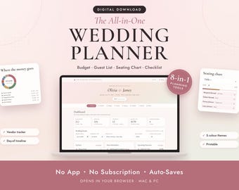 May include: A digital wedding planner displayed on a laptop screen, featuring a dashboard with budget, guest list, seating chart, and checklist tools. The interface includes text for Olivia and James, vendor tracker, and day-of timeline options.