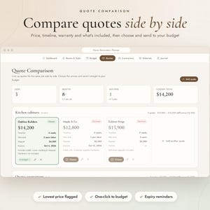 May include: A digital interface for a home renovation planner displaying a quote comparison dashboard. The screen shows sections for jobs, quotes, and chosen totals, with detailed side-by-side comparisons of contractor bids including prices, timelines, and warranties.