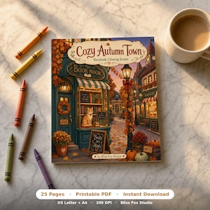 Cozy Autumn Town Coloring Book, Storybook Scenes, Small Town Adventures (Printable PDF)