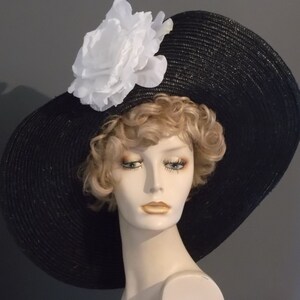Black Straw Kentucky Derby Hat: Wide Brim, White Flowers, Tea Party