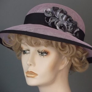 Lavender sinamay hat with black trim, lilac medium brim hat, gray swirled ribbon embellishment, Derby race hat, wedding church, garden party
