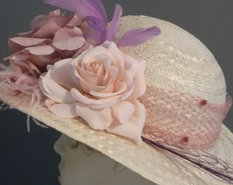 Straw and pinks formal hat, mauve pink veiling hat, women's formal hat, garden tea party, church wedding, mother of bride, luncheon hat