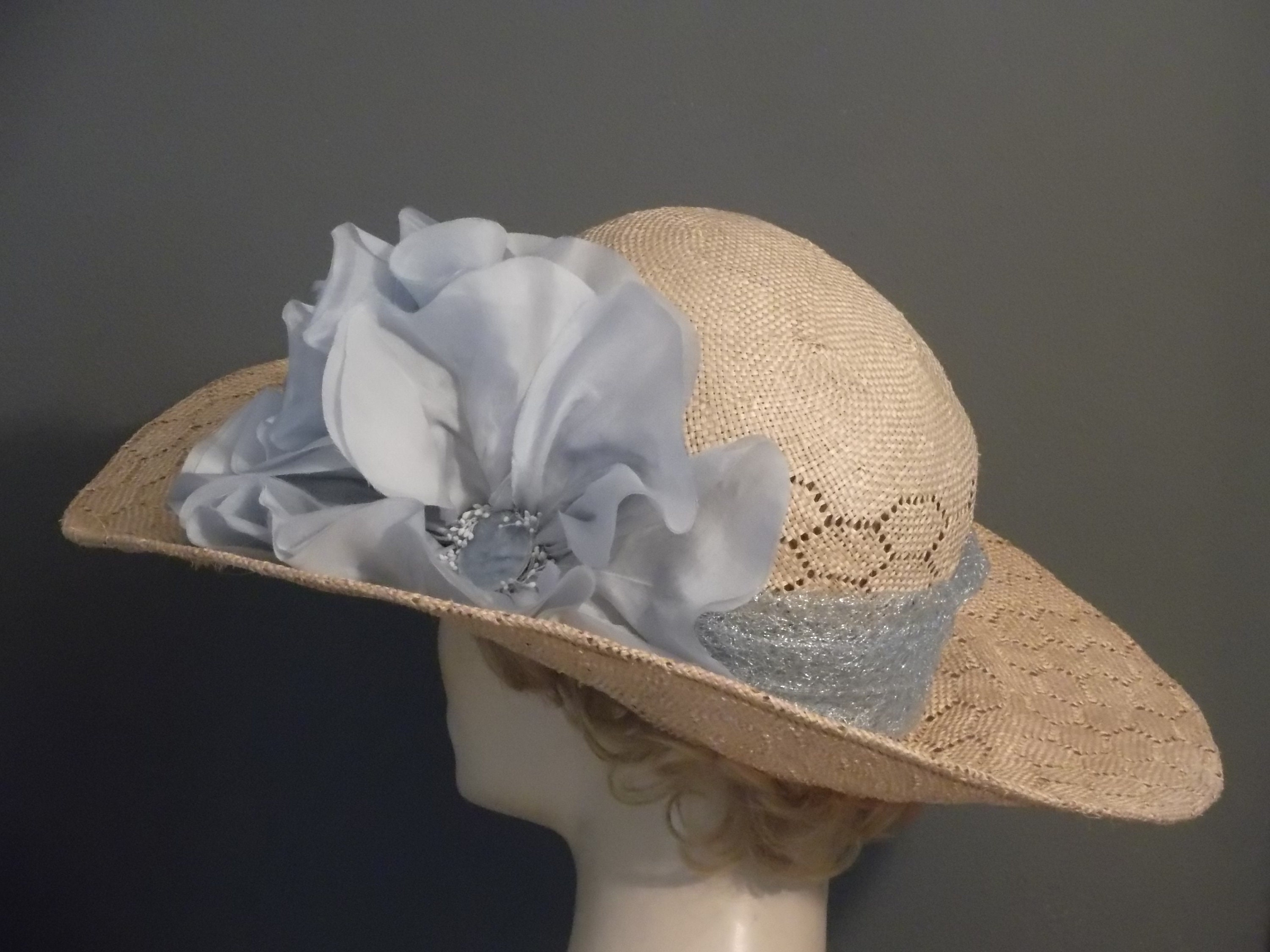 Wide Brim Straw Kentucky Derby Hat: Blue Silk Flower, Silver  display picture 3