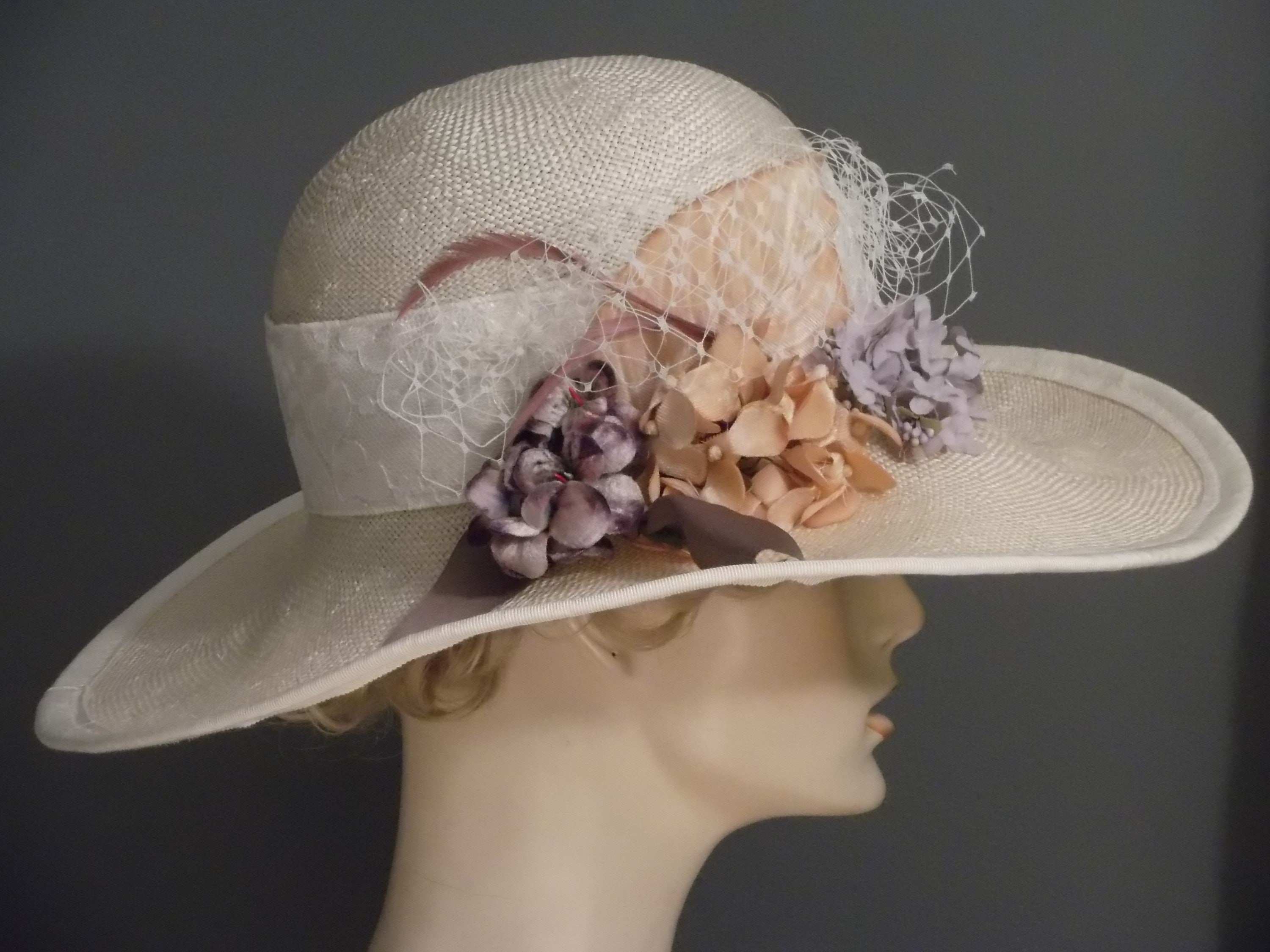Wide Brim Kentucky Derby Hat: Floral Bouquet, Veiling, 1930s  display picture 2