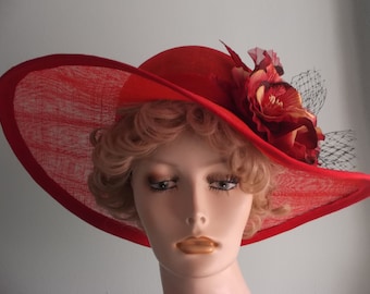 Kentucky Derby Red sinamay straw hat, women's red sinamay wide brim hat, 5 inch brim, large handmade flower, races, garden party, church
