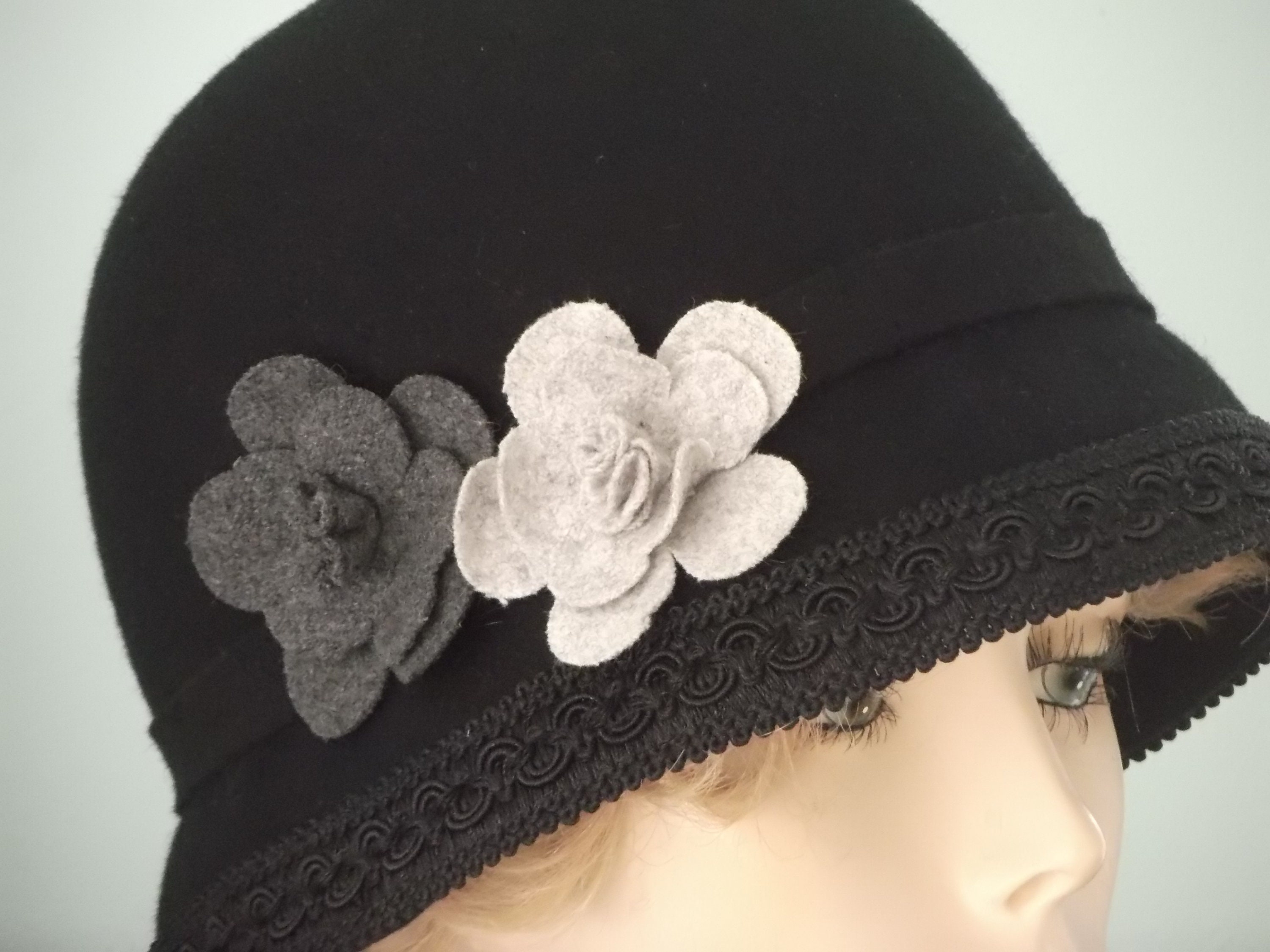 Gray and Black Women\'s Felt Cloche Hat with Three Flower Band Black Felt Cloche Hat: Gray Felt Flowers, Winter Church  main image 4