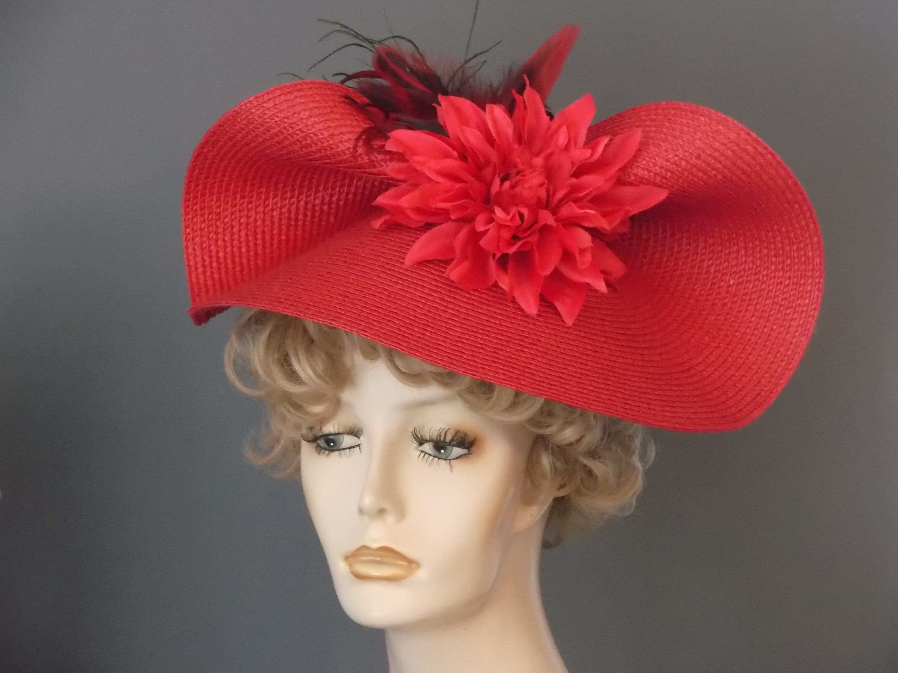 Handmade Red Straw Fascinator: Feather Flower Derby Hat - Etsy display picture 2