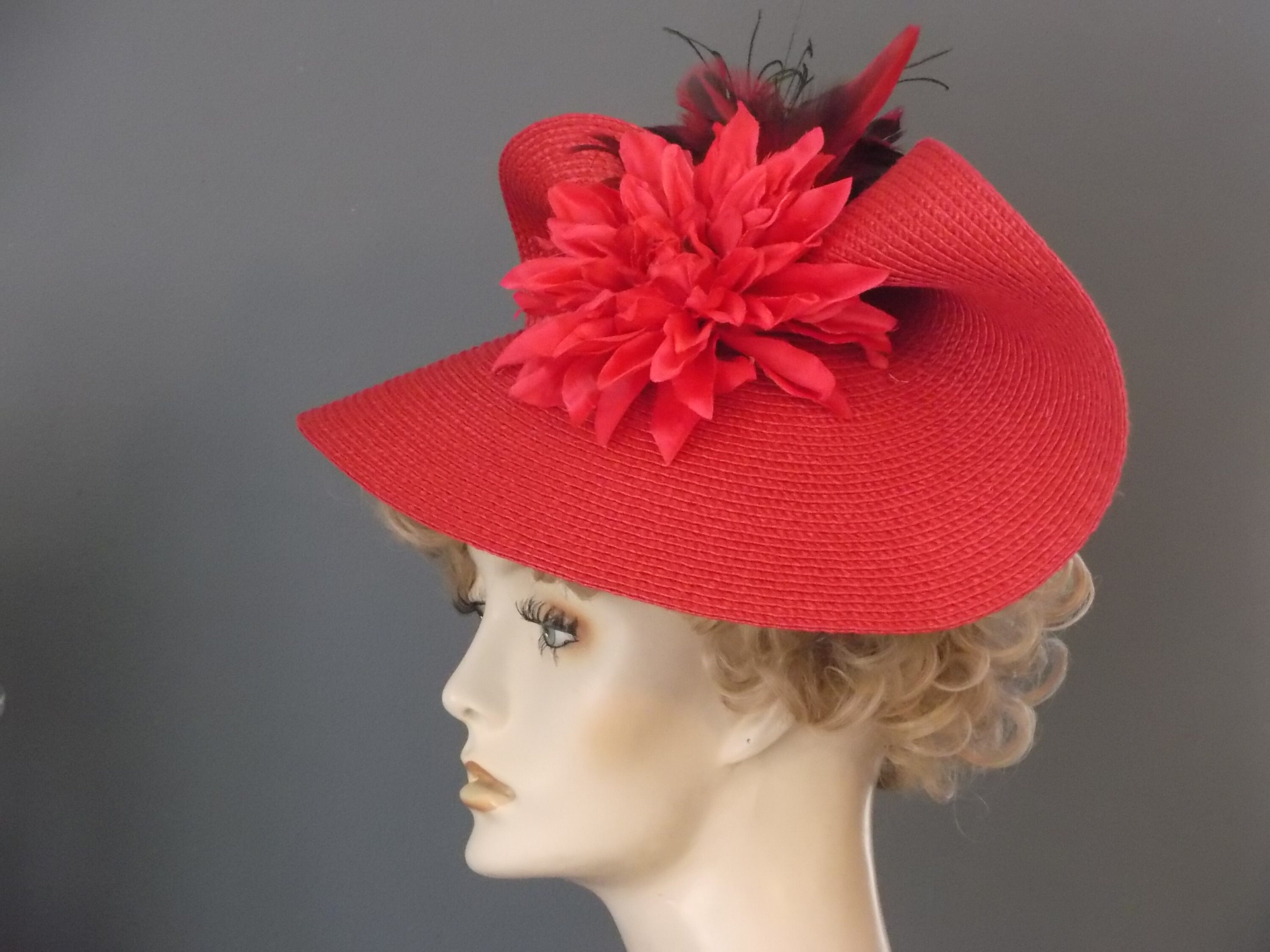 Red Straw Wide Down Brim Hat Flowers Net Feathers Satin Dome Adjustable Derby Handmade Red Straw Fascinator: Feather Flower Derby Hat - Etsy main image 4