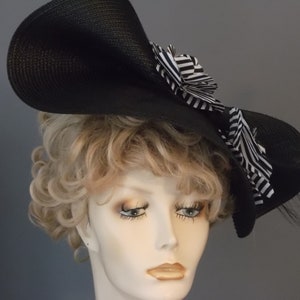 black straw fascinator, black hat with black & white flowers, one size, long black feather, church wedding, outside event, black tilt hat,