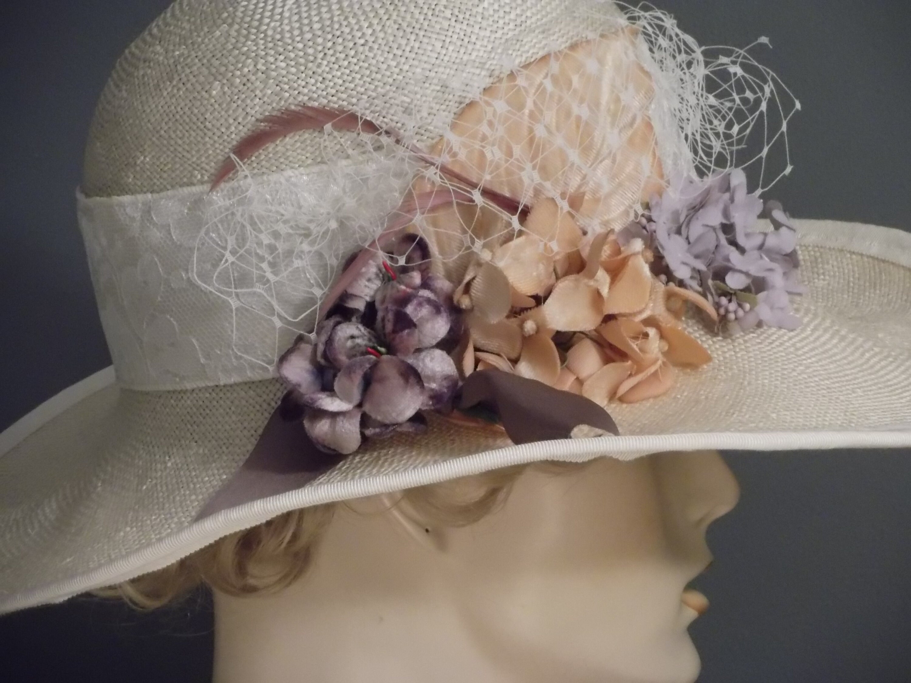 Vintage Navy Straw Wide Brim Hat Pink Floral Derby Wedding Church Garden Party L Soft, fresh, and effortlessly elegant — this floral spring  main image 3