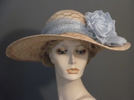 Vintage Wide-Brim Derby Straw Hat with Teal Flower and Gold Ribbon Accents Teal Straw Hat - Etsy main image 4