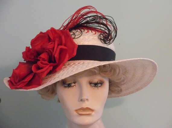 Kentucky Derby Wide Brim Hat: Straw Hat With Red Silk Flower  display picture 2