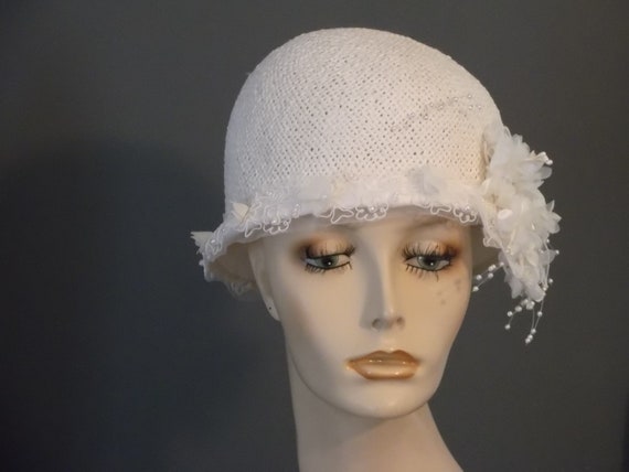 White Straw Cloche Bridal Hat White 