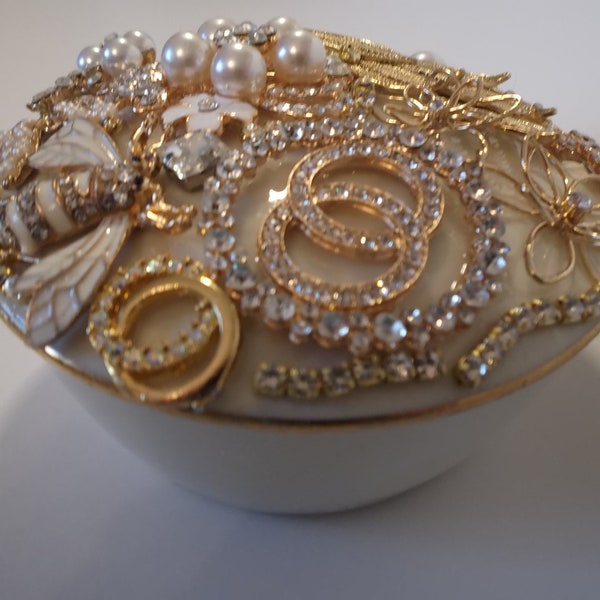 jeweled lidded Lenox container, trinket holder, 4 3/4"x1 3/4", covered with rhinestones, pearls, gold mesh, birthday, wedding gift,glamorous