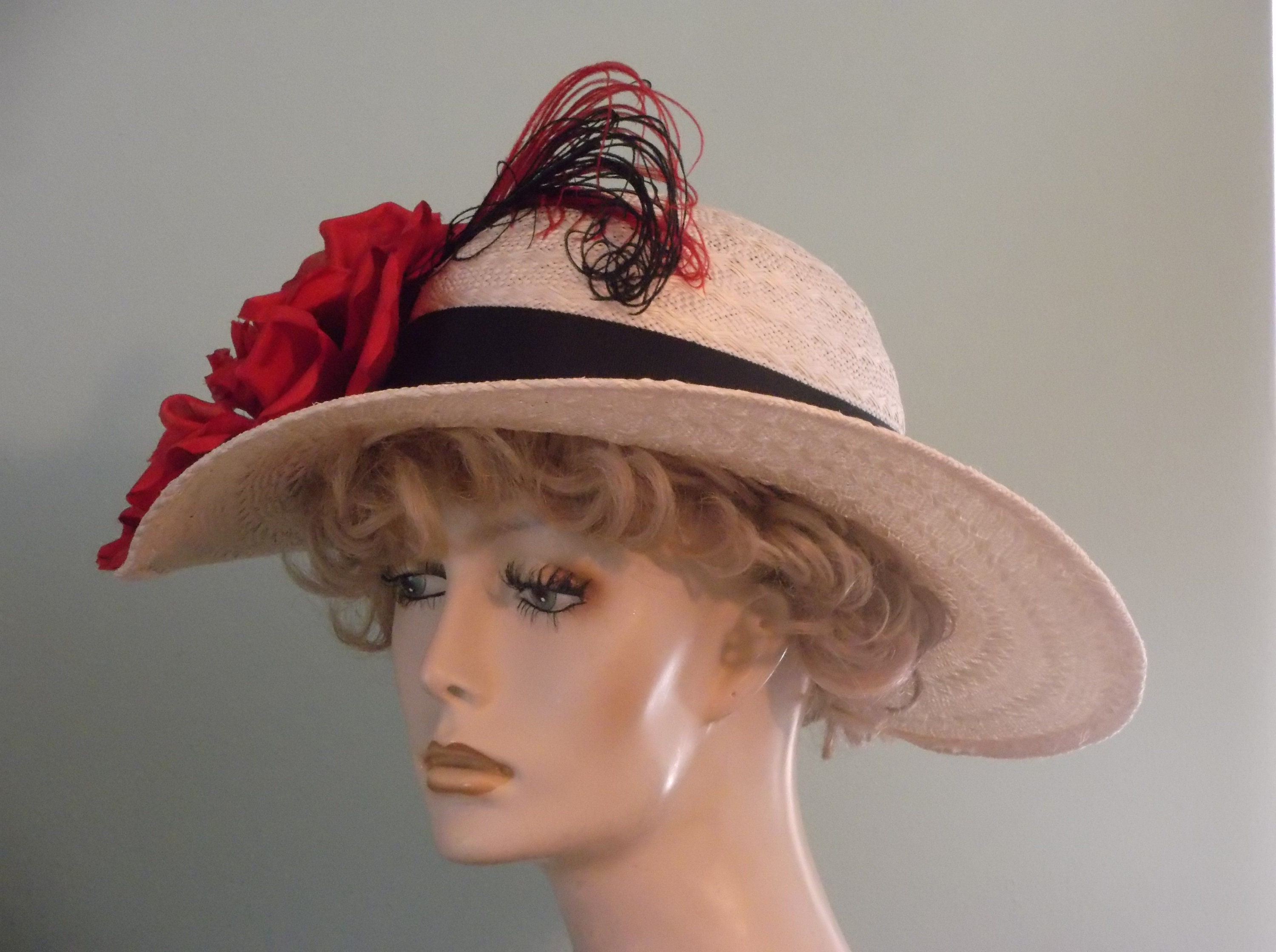Red Wide Brim Straw With Purp Satin / Feather Formal Church Kentucky Derby‎ Hat Red Wide Brim Straw With Purp Satin / Feather Formal Church  main image 2