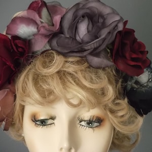 Flowered headband, small fascinator,  silk and velvet flowered headpiece,  large burgundy, mauve, scarlett, pink flowers, outdoor wedding