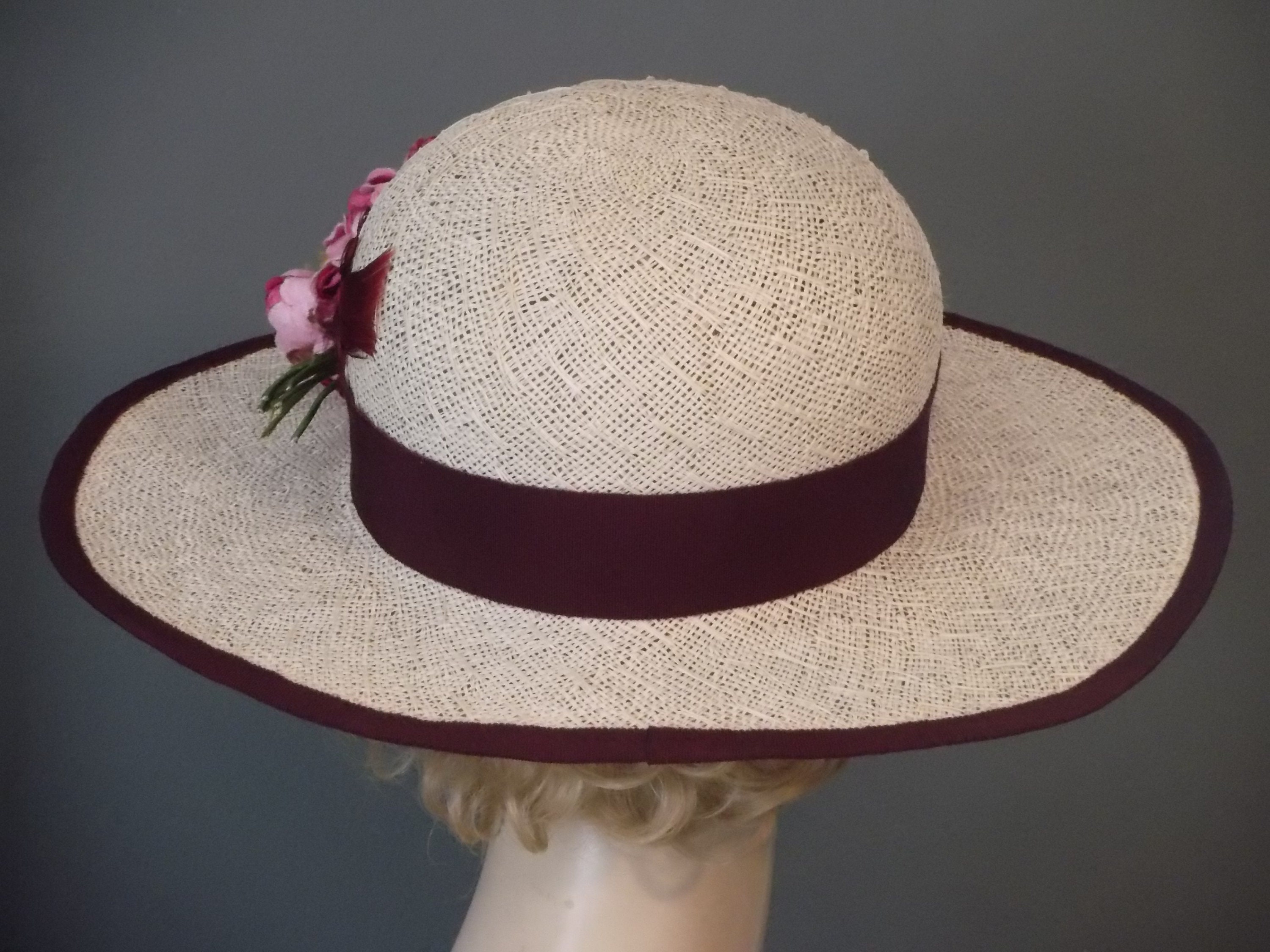 Straw and Burgundy Medium Brim Hat, Mauve Pink Flowers, Burgundy ...