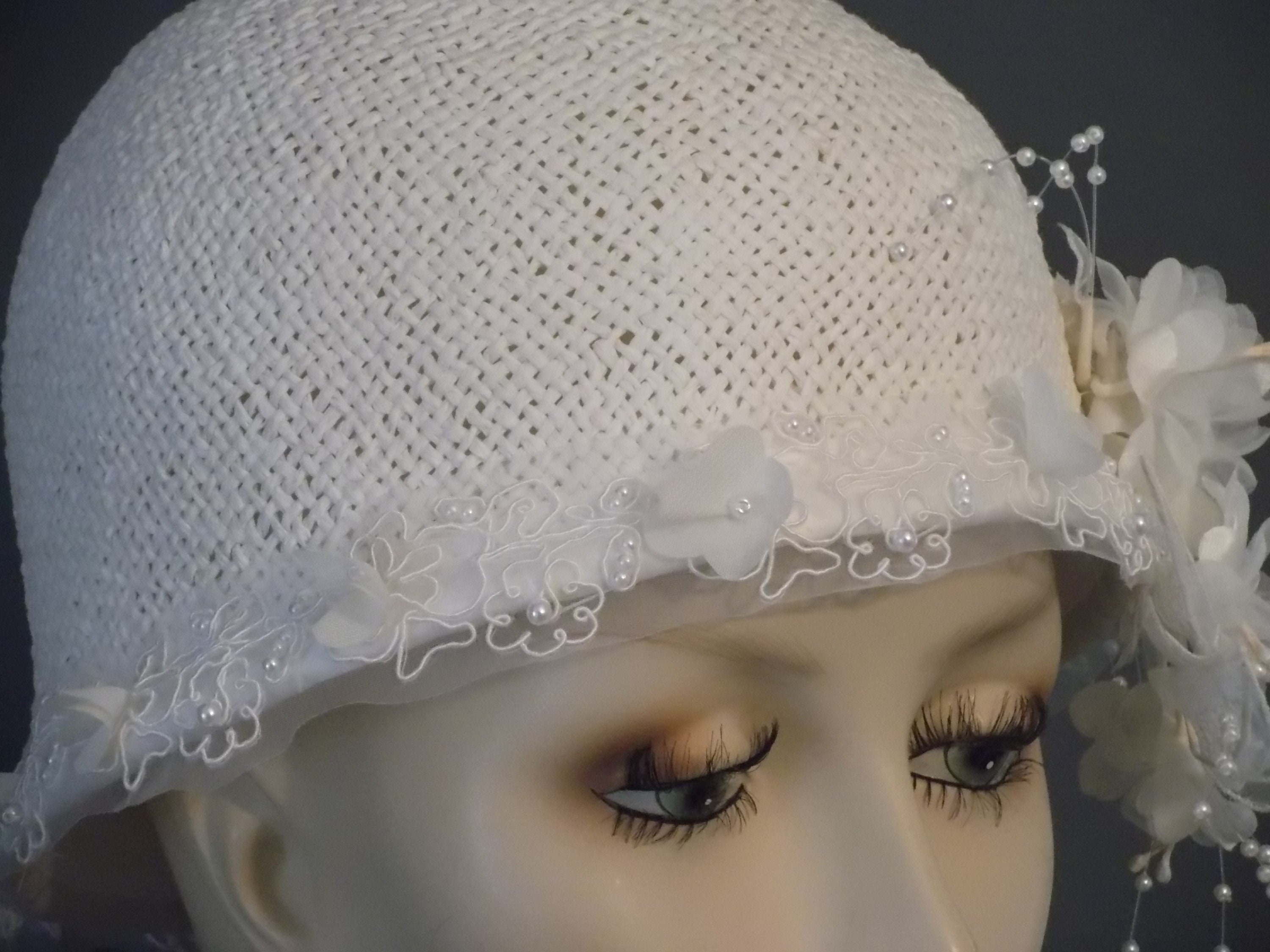 Cream Lace and Pearl-Embellished Cloche Hat CLOCHE HAT - White Hat with White Embroidery on Band main image 3