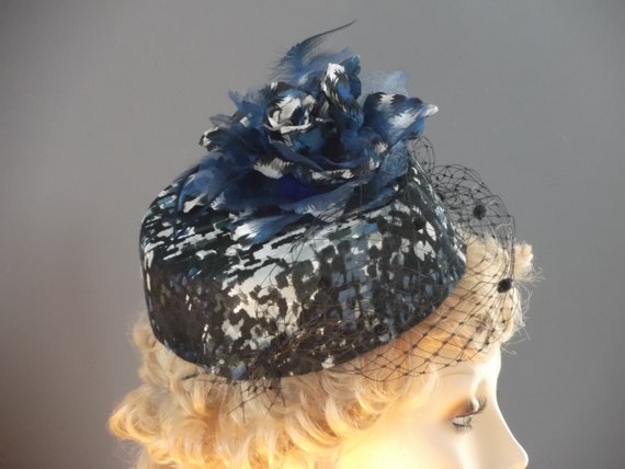 Handcrafted Vintage Inspired Pillbox Hat Straw pillbox bridal hat with birdcage veil main image 3