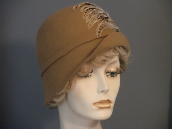 Camel Brown Felt Cloche Hat Brown Ecru 