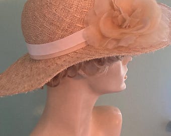 Natural Straw Tea Party Hat: Silk Flower, Curvy Brim