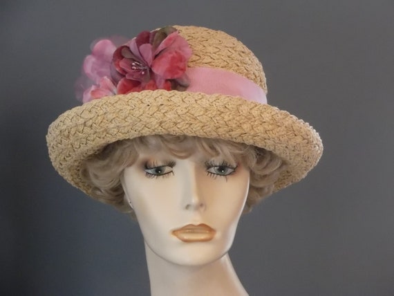 Vintage Straw Hat With Bright Pink Floral Bouquet & Black Grosgrain Ribbon DSCN3753__63520.1616875549.JPG?c=2 main image 3