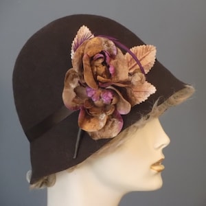 Brown felt cloche hat, vintage 1930&#39;s style, 6 inch handmade velvet flower, brown and beige women&#39;s formal hat, brown & fuchsia flower,