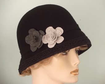 Vintage Style Felt Cloche Hat: Burgundy Velvet Floral  display picture 3