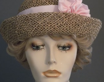 beige open weave bowler, beige and pink hat, pink wired ribbon, up brim, pink ribbon flower, cloche with up brim, church wedding, summer hat