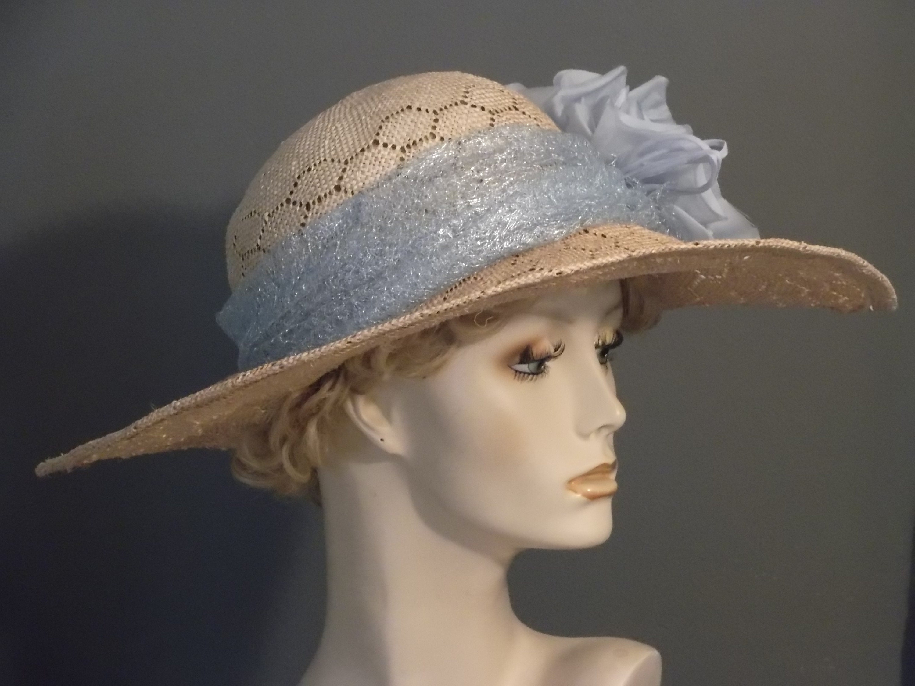Vintage Bloomingdales Church Hat Blue Straw Italian Bow Kentucky Derby M23157S (Blue/Lilac/Lavender/Yellow)Kentucky Derby hat  main image 2