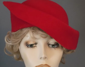 Red felt beret type hat, 1930's 1940's vintage inspired, wear 2 ways, tilt hat, up down brim, women's winter hat, church, cancer, alopecia