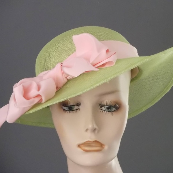 SALE...Kentucky Derby lime sinamay hat, green & pink wide brim hat, green picture hat, pink soft silk bow and band, low crown, hand blocked