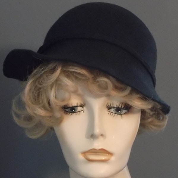 navy black felt tilt hat, asymmetrical brim, vintage 1930's 1940's style, slanted felt cloche, wedding church, funeral hat, women's winter