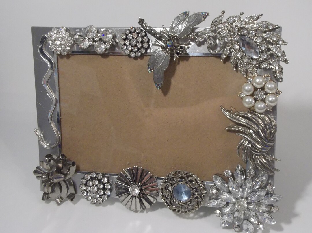 Silver Jeweled Picture Frame: Rhinestone Pearl Butterfly Decor (5x7, 5 ...