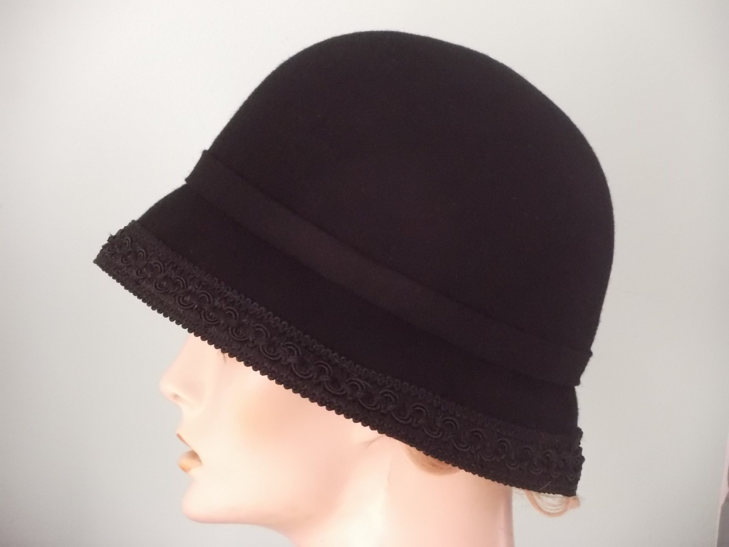Black Felt Cloche Hat: Gray Felt Flowers, Winter Church 