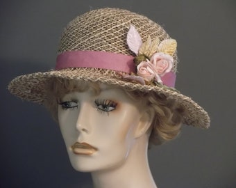 women's straw cloche, vintage style 1930's, straw and pink cloche, tiny pale pink flowers, velvet leaves, wired brim, church wedding, tea