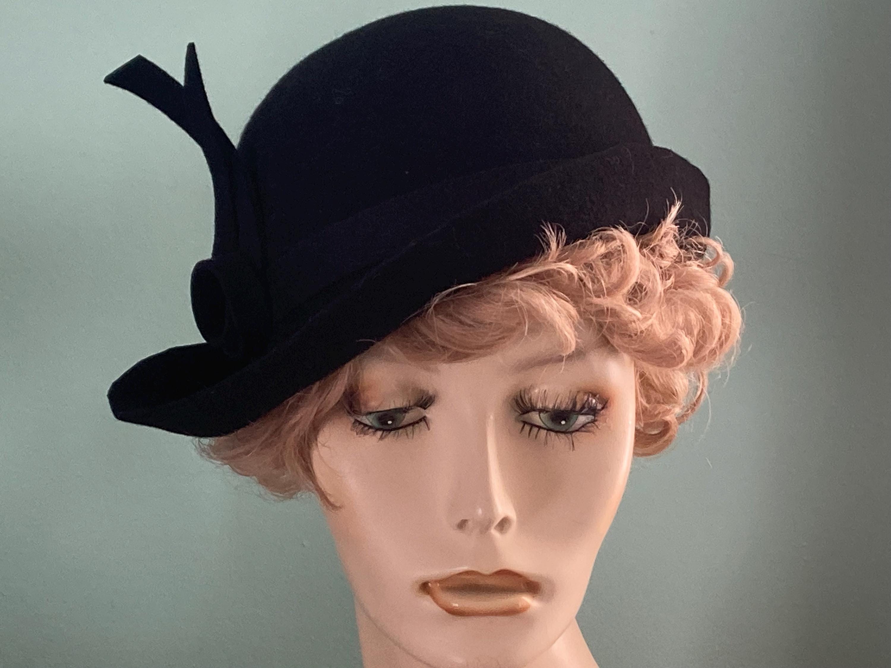 Asymmetrical Black Felt Cloche Hat: Handmade Winter Church  display picture 2