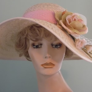 Kentucky Derby hat, womens formal dressy hat, vintage style wide brim, straw and pink, silk flower spray and buds, 1920&#39;s 1930&#39;s hat wedding