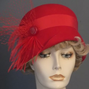 Red felt cloche, vintage style 1930&#39;s,  Miss Fisher red cloche with ostrich feathers, red felt hat, up down brim, women&#39;s formal hat, church