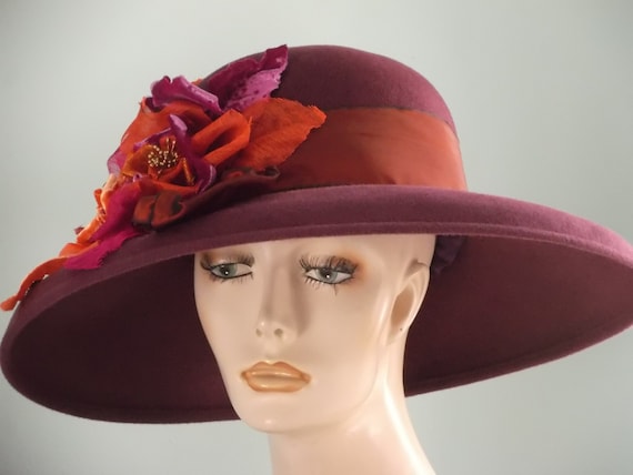 Vintage Louise Green Wide Brim Fur Felt Hat, Never Worn, Gorgeous Formal Hat, Statement Hat, Handmade Flowers, Wedding, Kentucky Derby, Tea